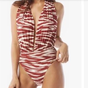 Vince Camuto Ikat Isle Sangria One Piece Swimsuit Burnt Red &White Pattern